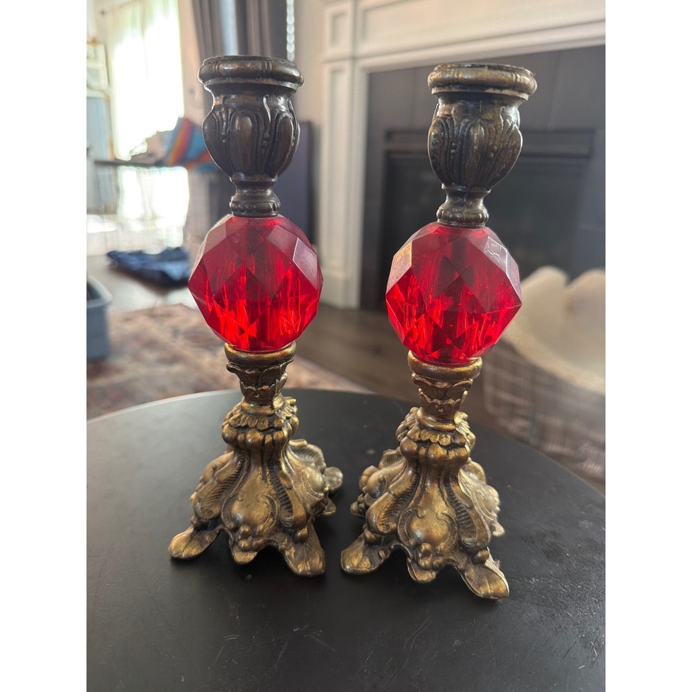 Vampire Gothic Baroque Candlesticks Ruby Red & Antiqued Gold Pair